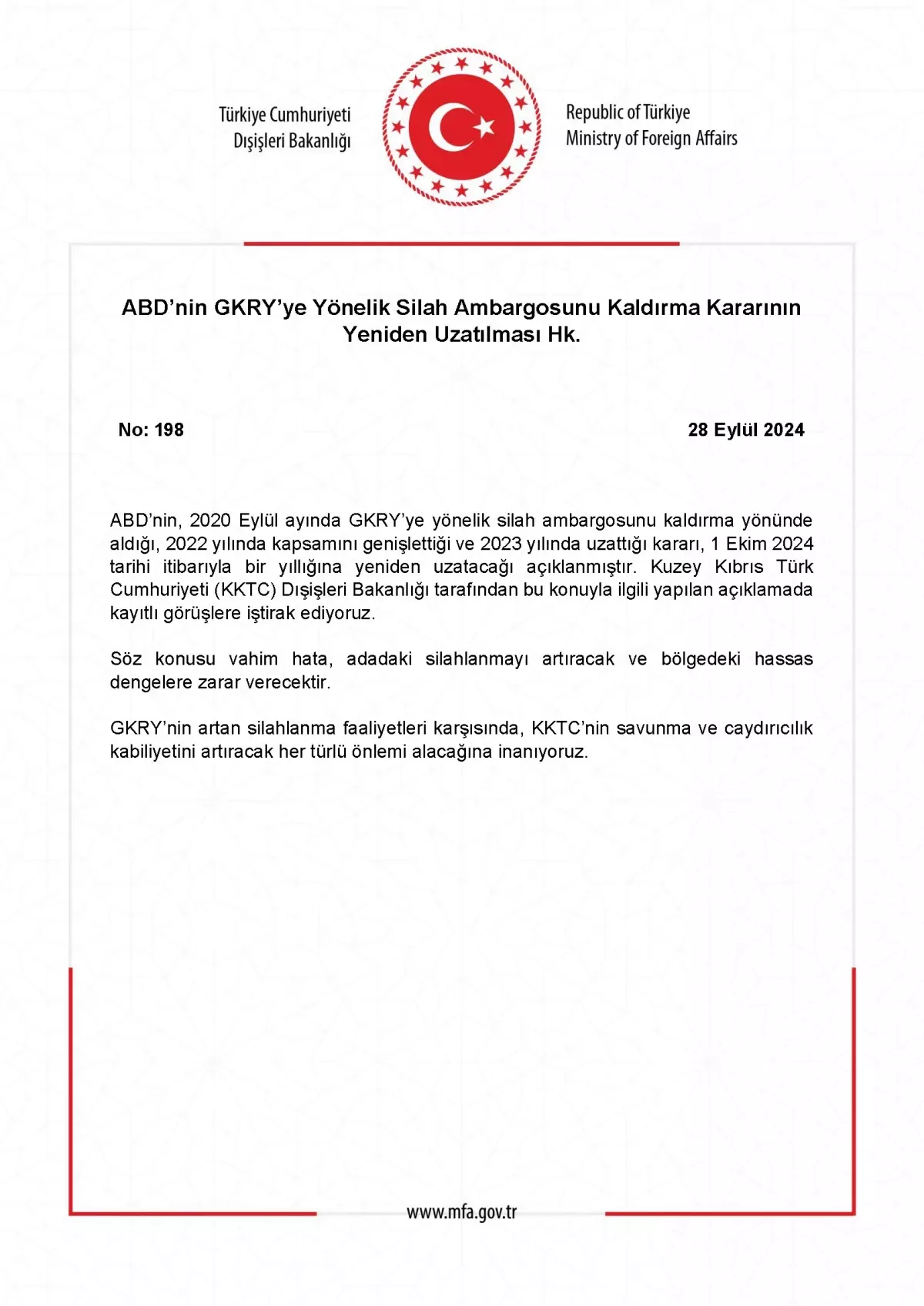 ABD’den GKRY’ye Silah Ambargosu Uzatıldı